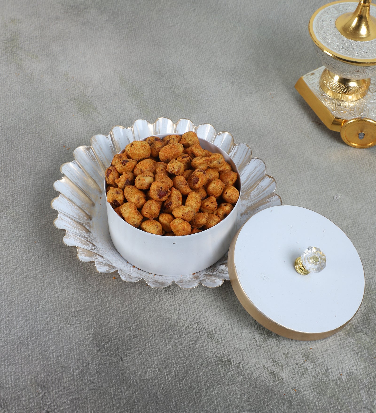 Amaya Decors White & Gold Jar with Tray Set of 2