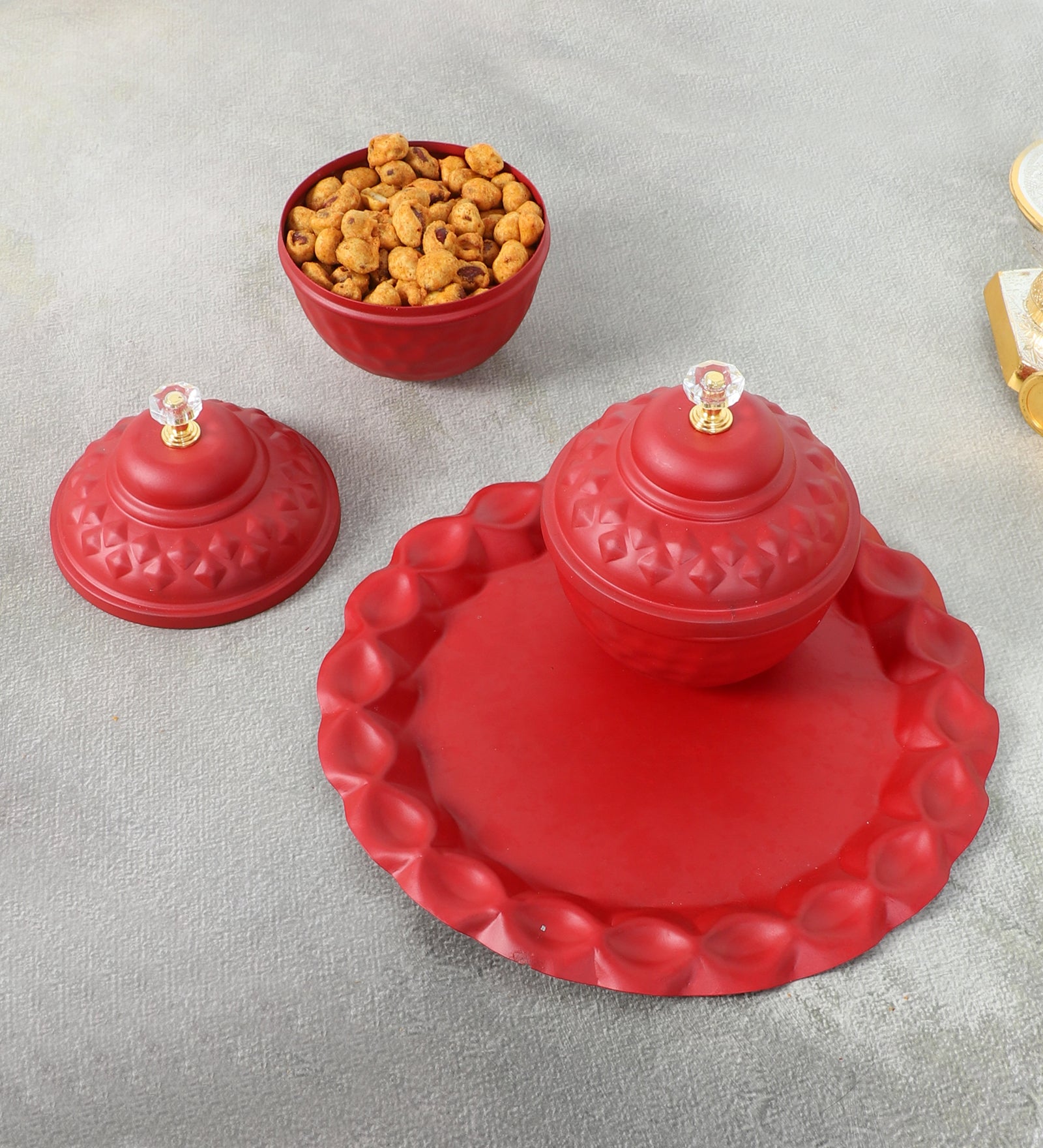Amaya Decors Red Bowl Jar with Lid Set of 3