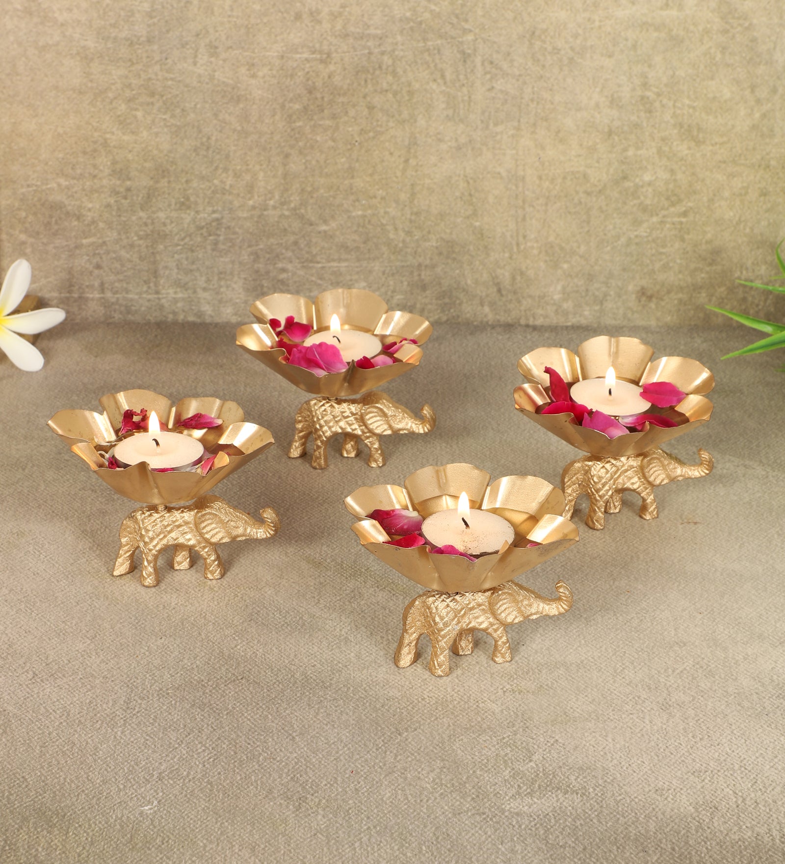 Amaya Decors Elephant & Lotus Bowl Tealight Holder Set of 4 | Gold | Iron with Powder Coating