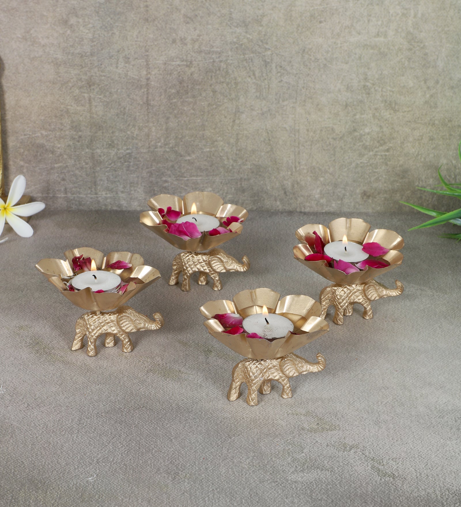 Amaya Decors Elephant & Lotus Bowl Tealight Holder Set of 4 | Gold | Iron with Powder Coating