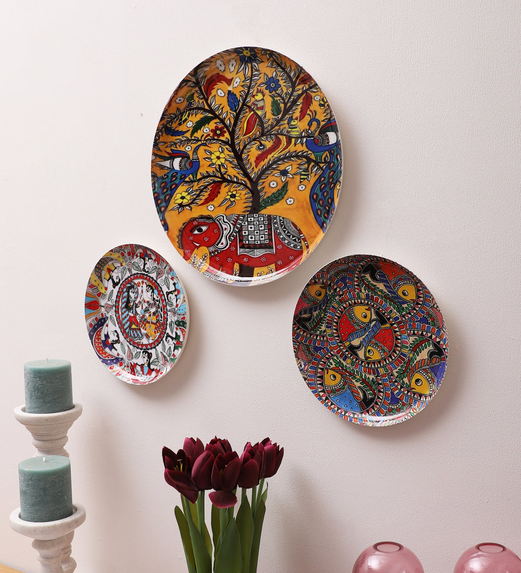 Amaya Decors Elephant & Fish Metal & Meena Wall Plates Set of 3