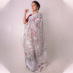 Madhubani White Hand-Painted Linen Saree