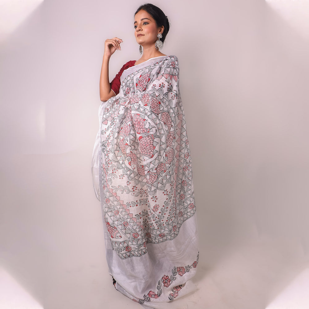 Madhubani White Hand-Painted Linen Saree