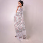 Madhubani White Hand-Painted Linen Saree