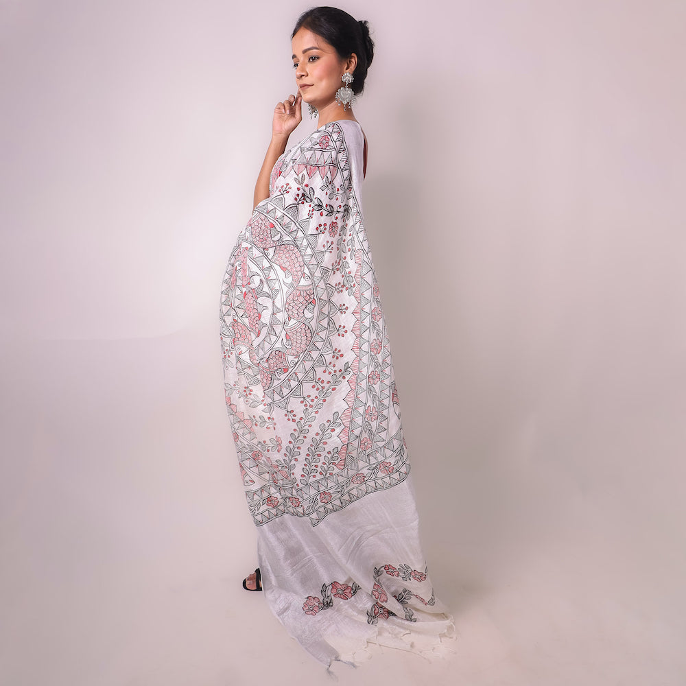 Madhubani White Hand-Painted Linen Saree