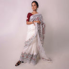 Madhubani White Hand-Painted Linen Saree