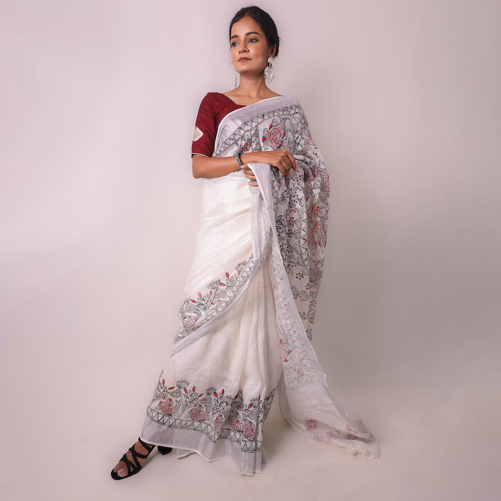 Madhubani White Hand-Painted Linen Saree