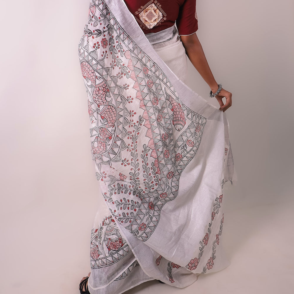 Madhubani White Hand-Painted Linen Saree