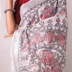 Madhubani White Hand-Painted Linen Saree