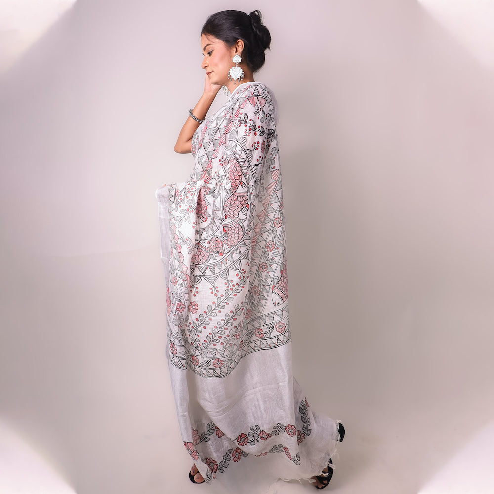 Madhubani White Hand-Painted Linen Saree