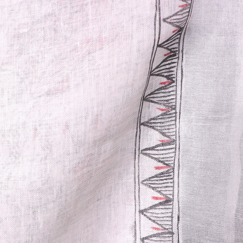 Madhubani White Hand-Painted Linen Saree