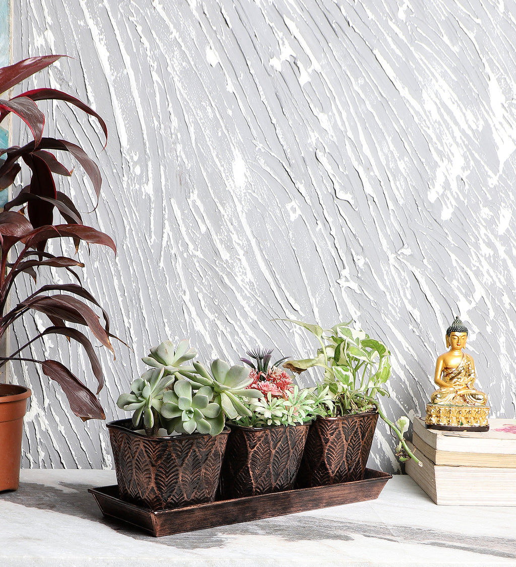 Amaya Decors Copper & Black Metal Table Planters with Tray Set of 4