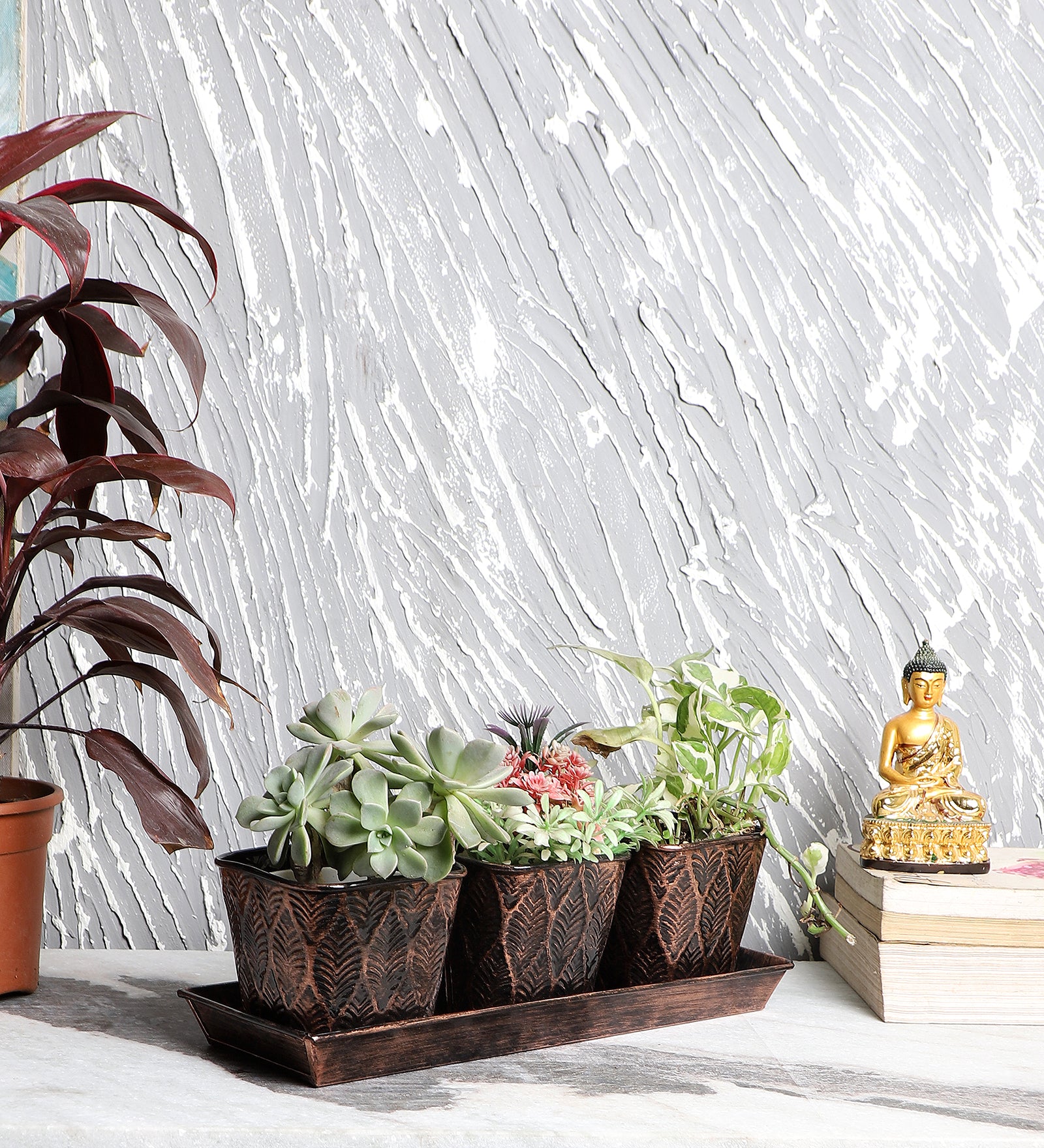 Amaya Decors Copper & Black Metal Table Planters with Tray Set of 4