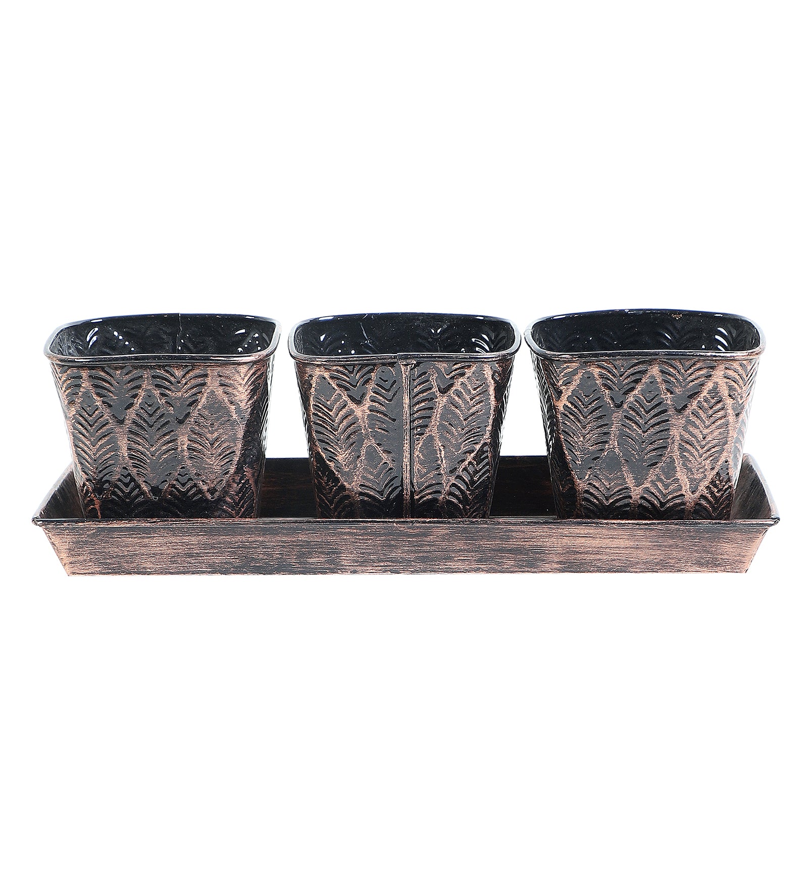 Amaya Decors Copper & Black Metal Table Planters with Tray Set of 4
