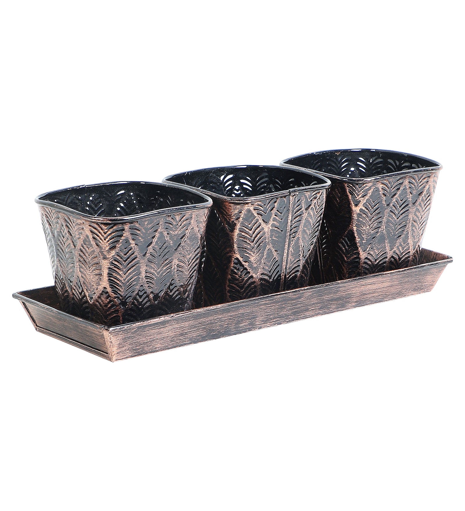 Amaya Decors Copper & Black Metal Table Planters with Tray Set of 4