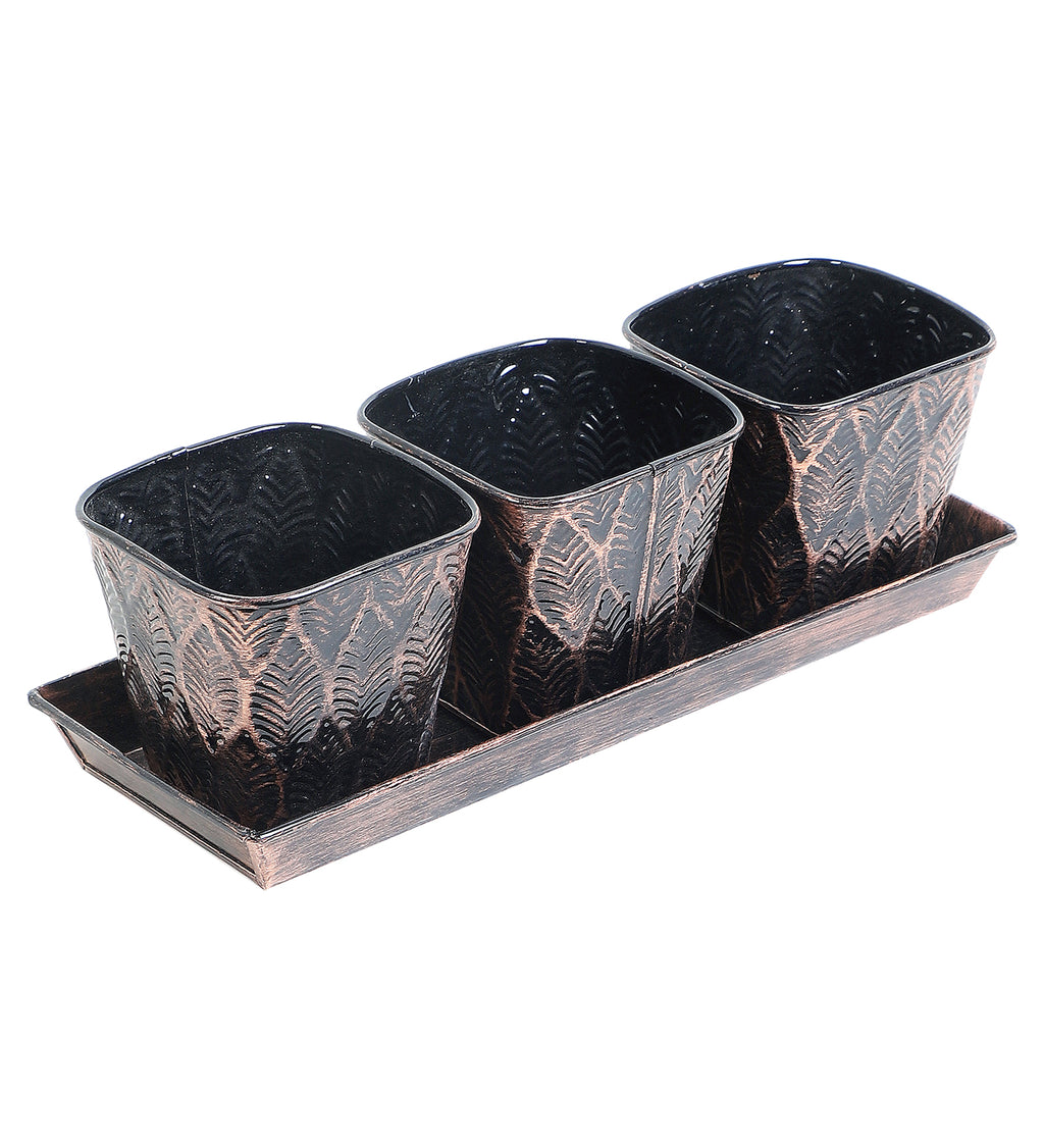 Amaya Decors Copper & Black Metal Table Planters with Tray Set of 4
