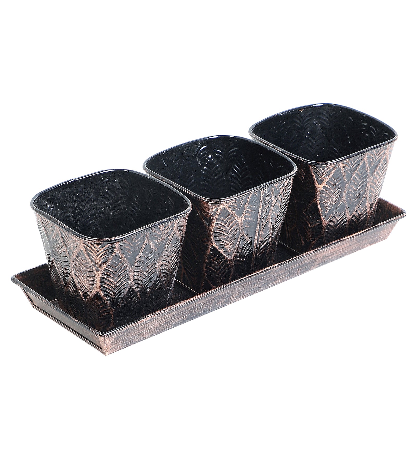 Amaya Decors Copper & Black Metal Table Planters with Tray Set of 4