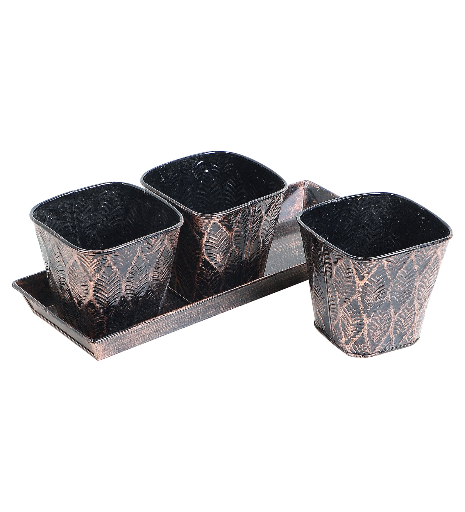 Amaya Decors Copper & Black Metal Table Planters with Tray Set of 4