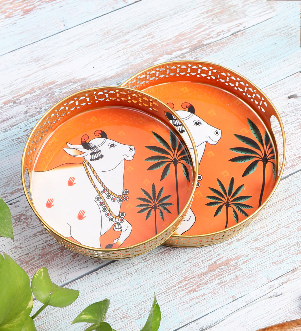 Amaya Decors Orange Cow Tray Set of 2