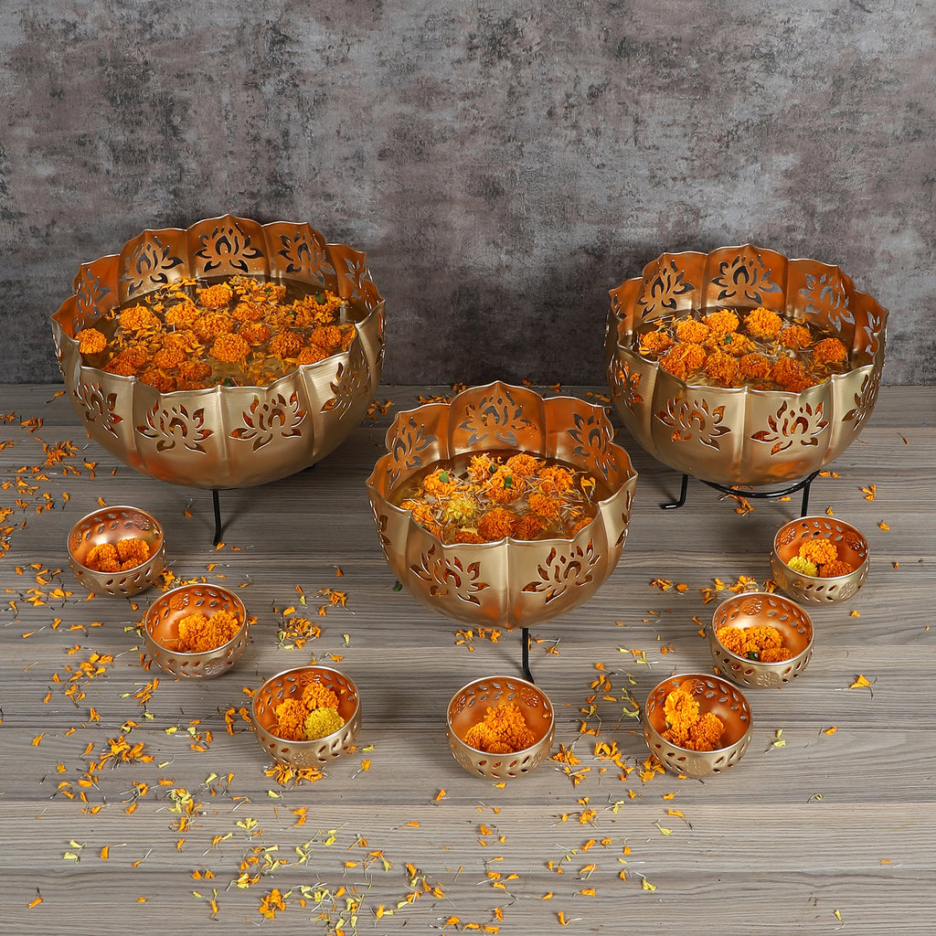 Amaya Decors Big Lotus Urli with Stand & Bowls Set of 10 | Gold | Iron with Powder Coating