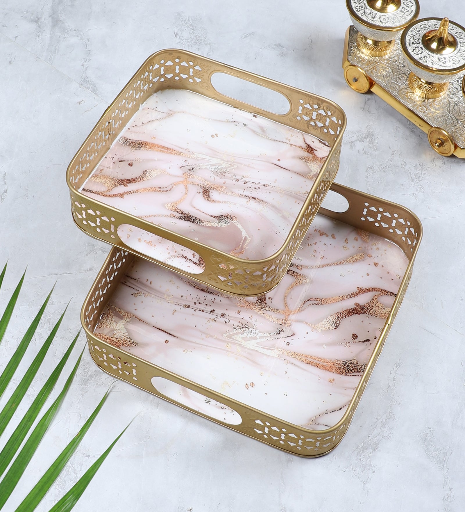 Amaya Decors Pink & Gold Wavy Design Tray Set of 2