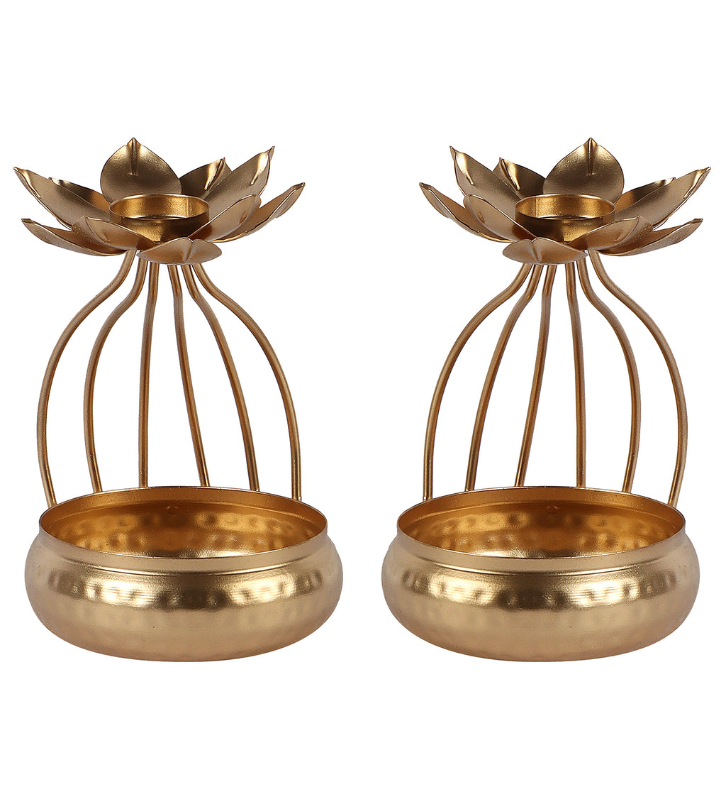 Amaya Decors Gold Urli Bowl with Flower Set of 2 | Gold | Iron with Powder Coating