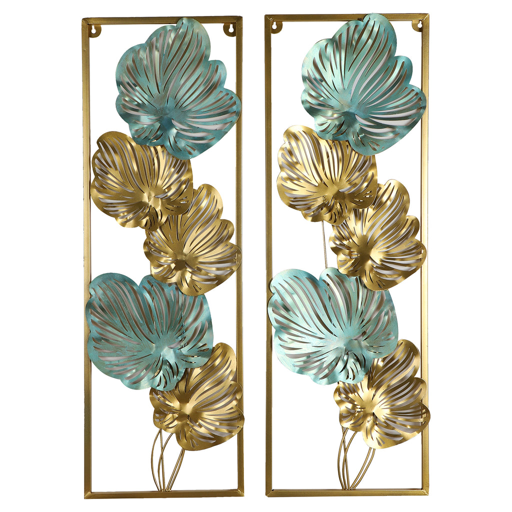Amaya Decors Green & Gold Etchiing Leaves Rectangular Wall Décor Set of 2