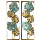 Amaya Decors Green & Gold Etchiing Leaves Rectangular Wall Décor Set of 2