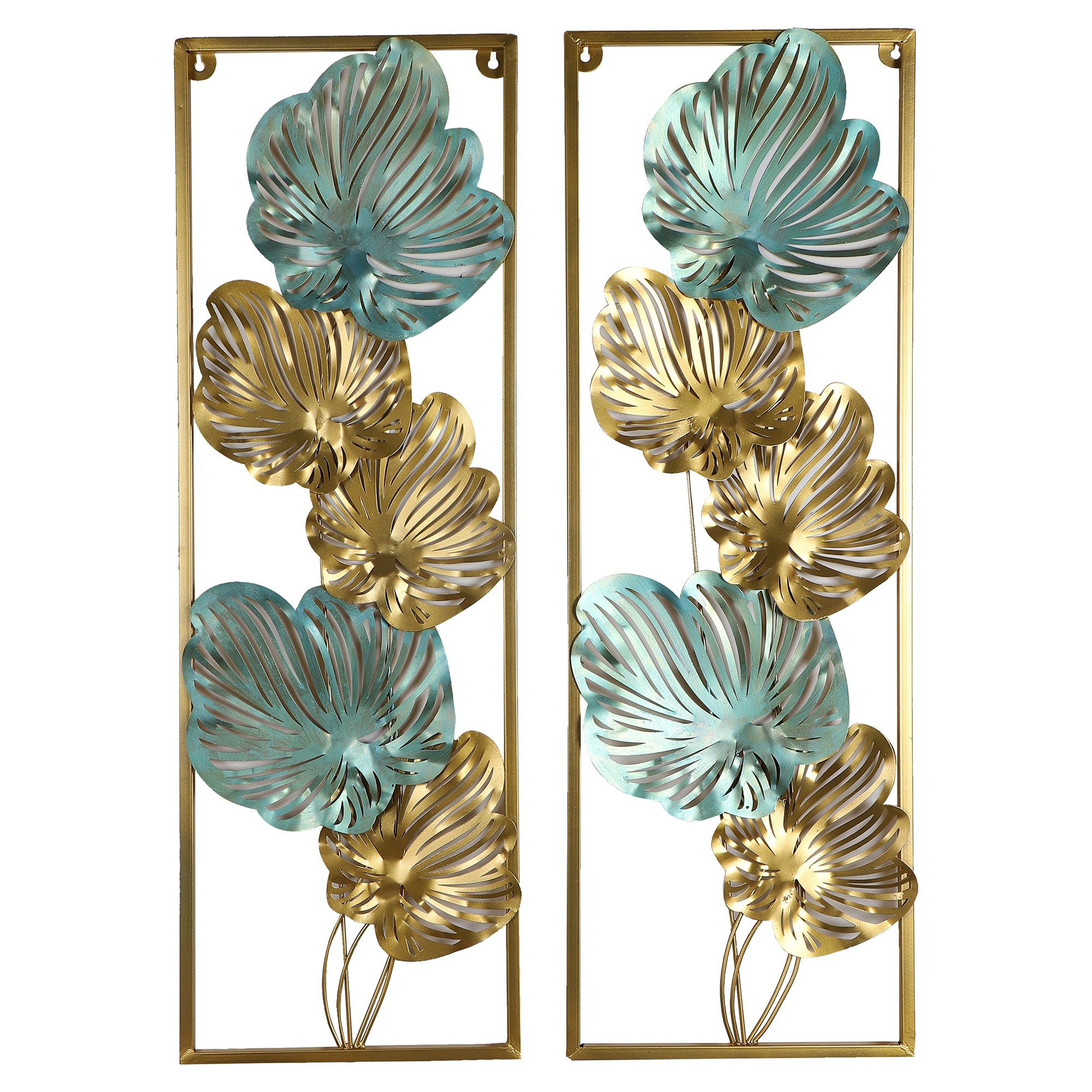 Amaya Decors Green & Gold Etchiing Leaves Rectangular Wall Décor Set of 2