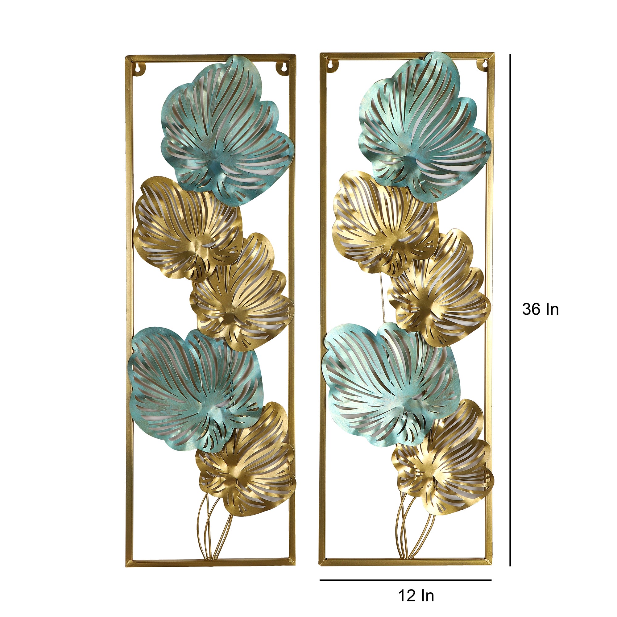 Amaya Decors Green & Gold Etchiing Leaves Rectangular Wall Décor Set of 2