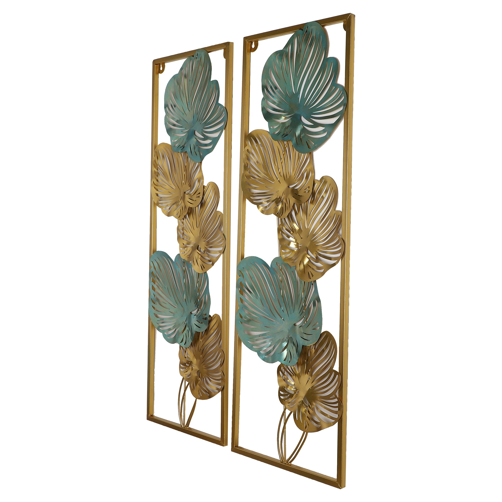 Amaya Decors Green & Gold Etchiing Leaves Rectangular Wall Décor Set of 2