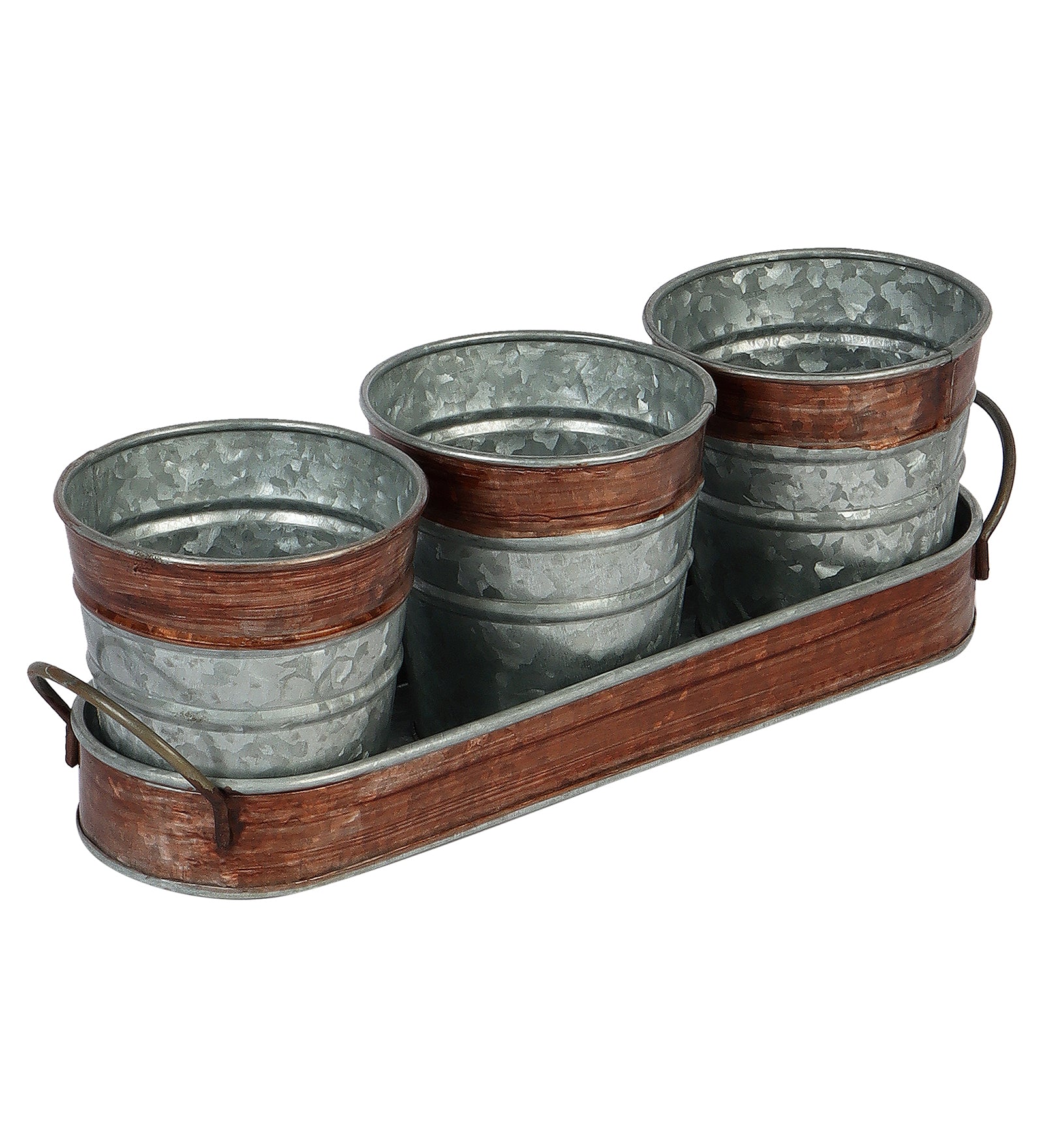 Amaya Decors Brown & Silver Metal Table Planters with Tray Set of 4