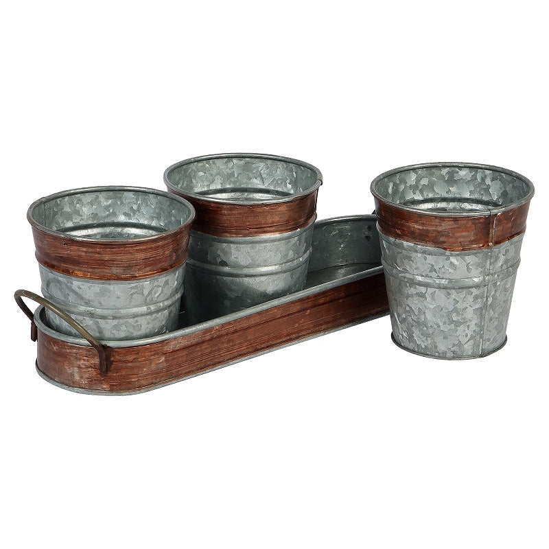 Amaya Decors Brown & Silver Metal Table Planters with Tray Set of 4