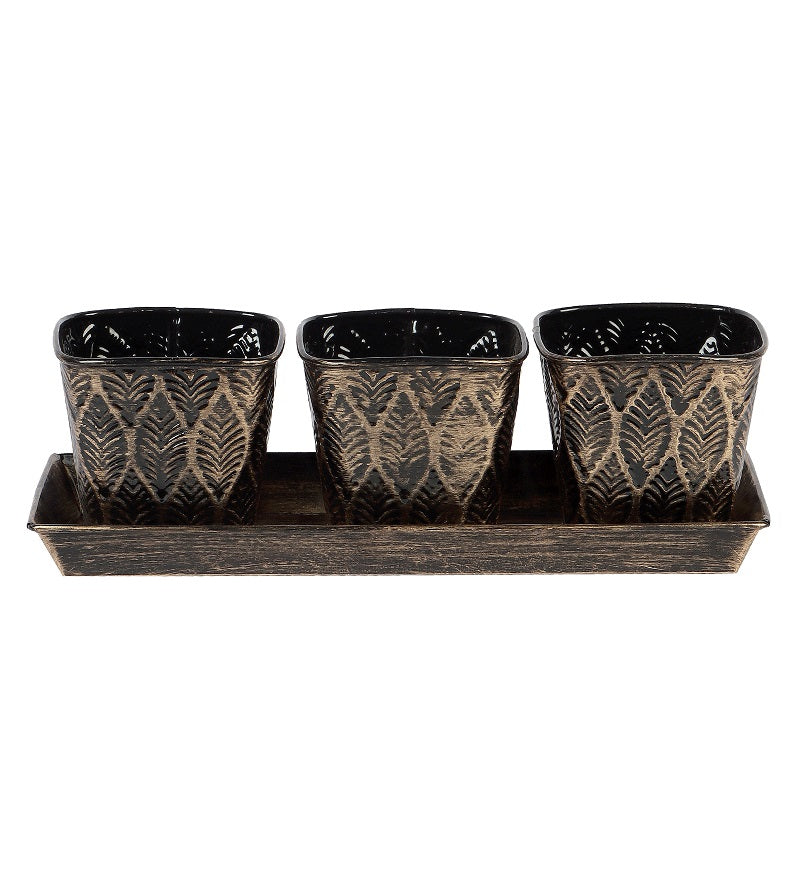 Amaya Decors Black & Gold Metal Table Planters with Tray Set of 4