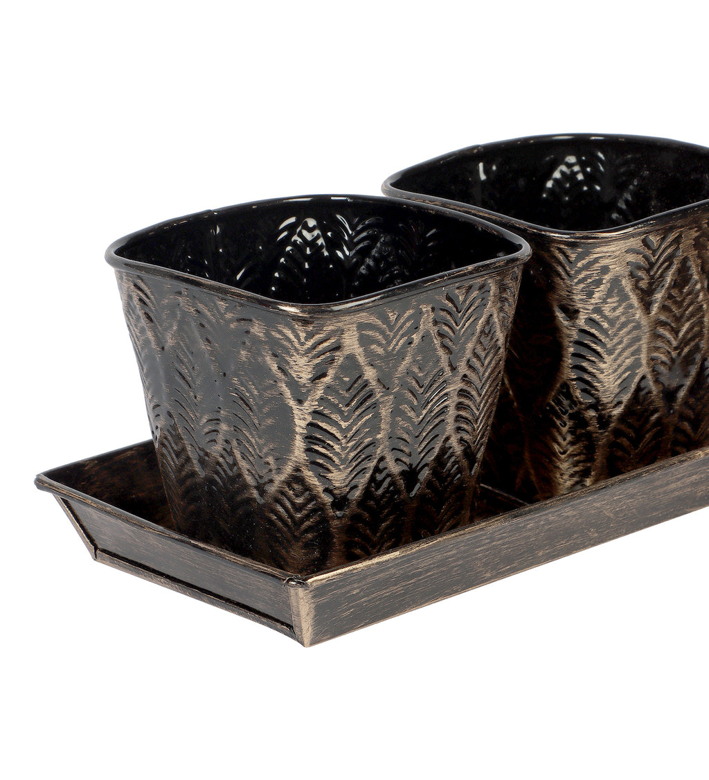 Amaya Decors Black & Gold Metal Table Planters with Tray Set of 4