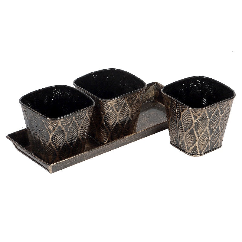 Amaya Decors Black & Gold Metal Table Planters with Tray Set of 4
