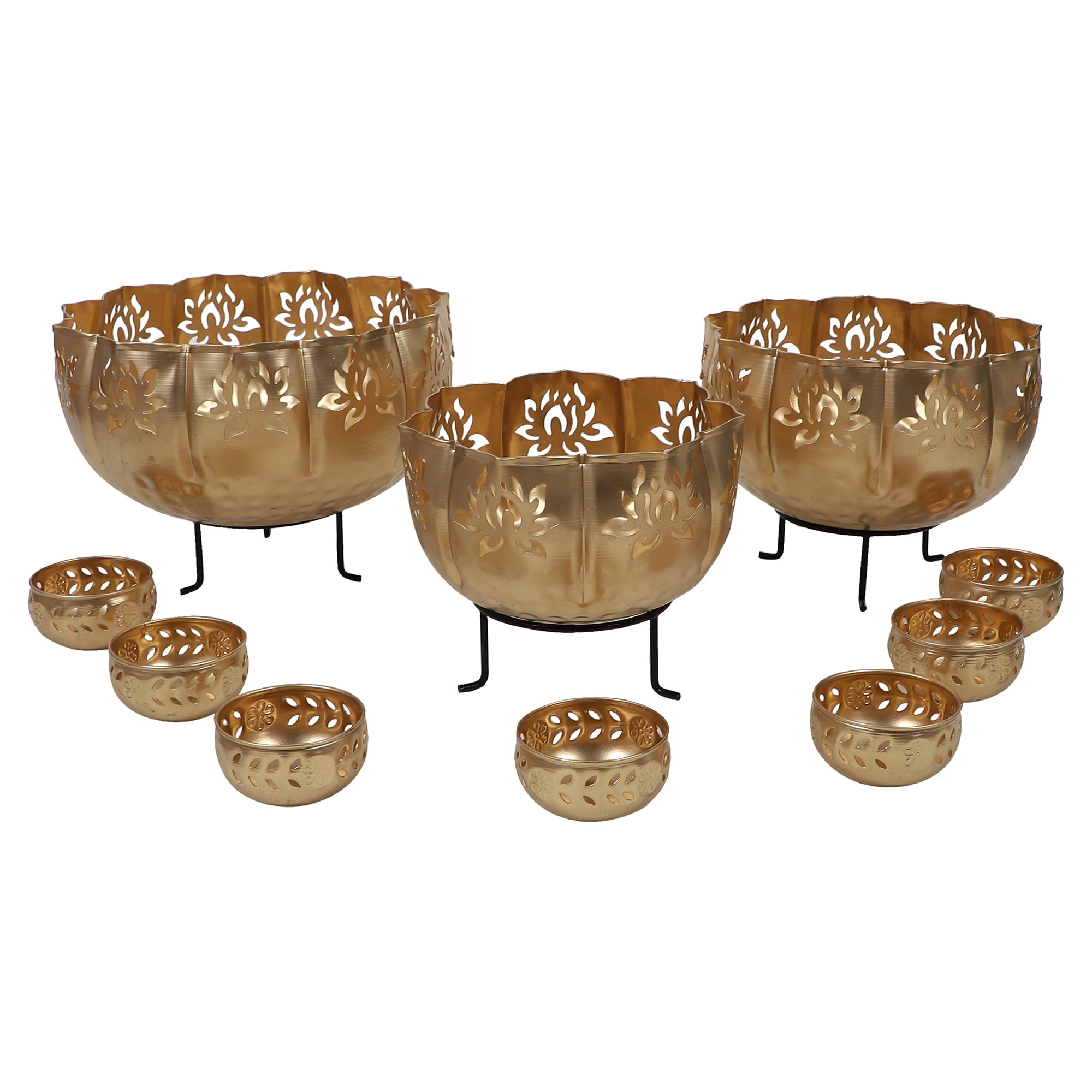 Amaya Decors Big Lotus Urli with Stand & Bowls Set of 10 | Gold | Iron with Powder Coating