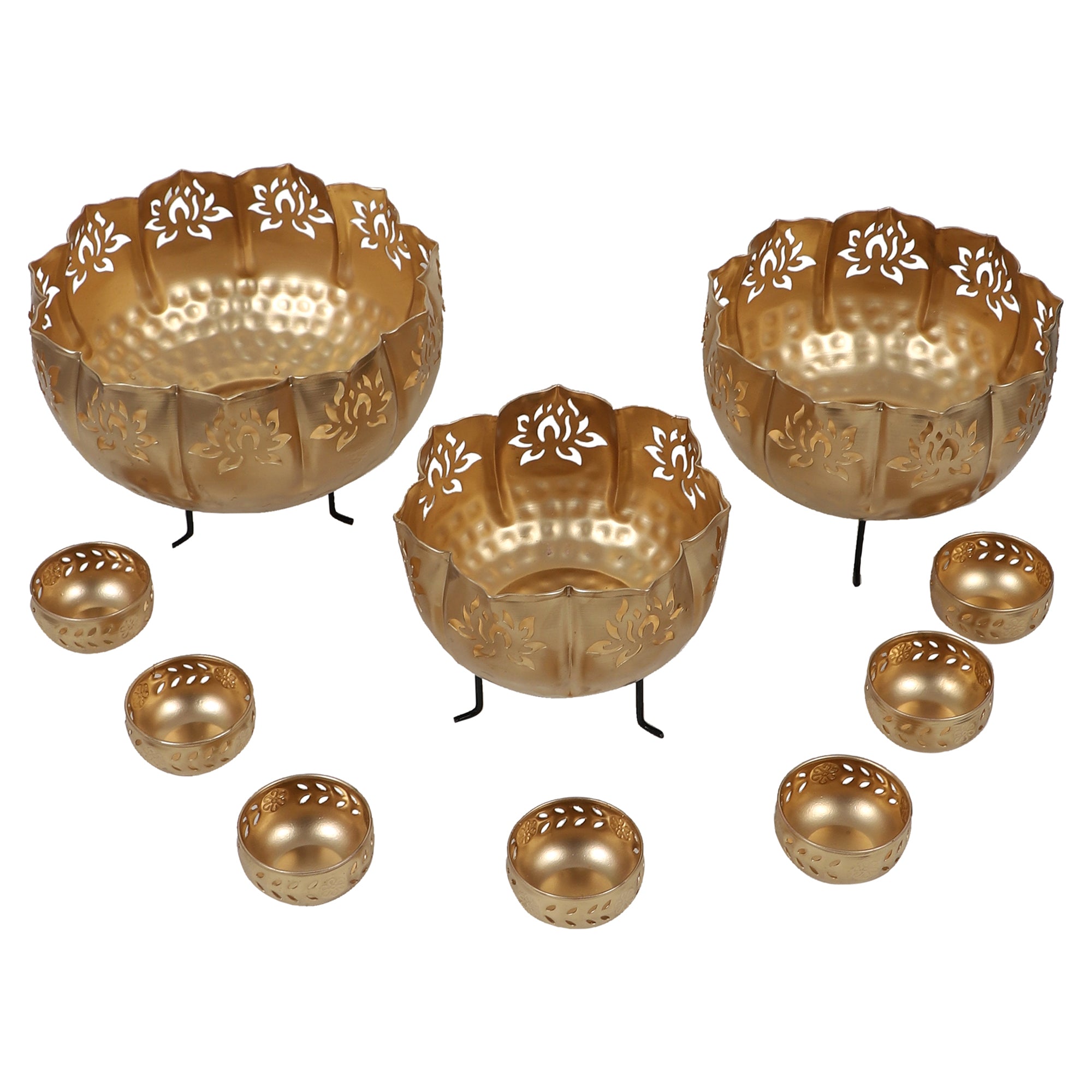 Amaya Decors Big Lotus Urli with Stand & Bowls Set of 10 | Gold | Iron with Powder Coating