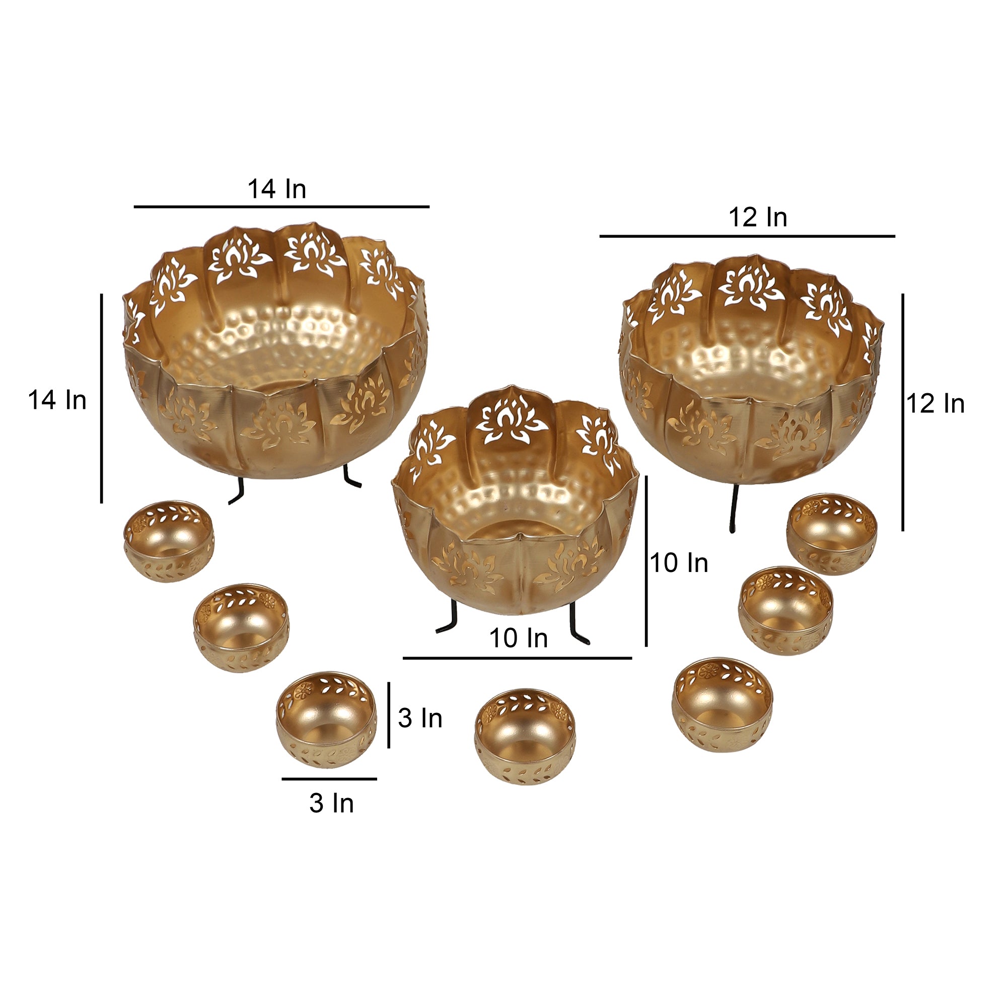 Amaya Decors Big Lotus Urli with Stand & Bowls Set of 10 | Gold | Iron with Powder Coating