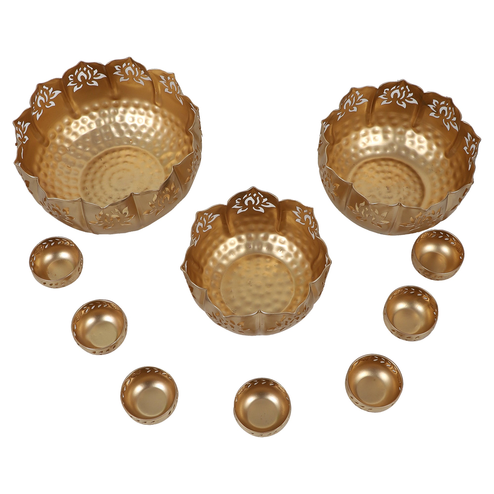 Amaya Decors Big Lotus Urli with Stand & Bowls Set of 10 | Gold | Iron with Powder Coating