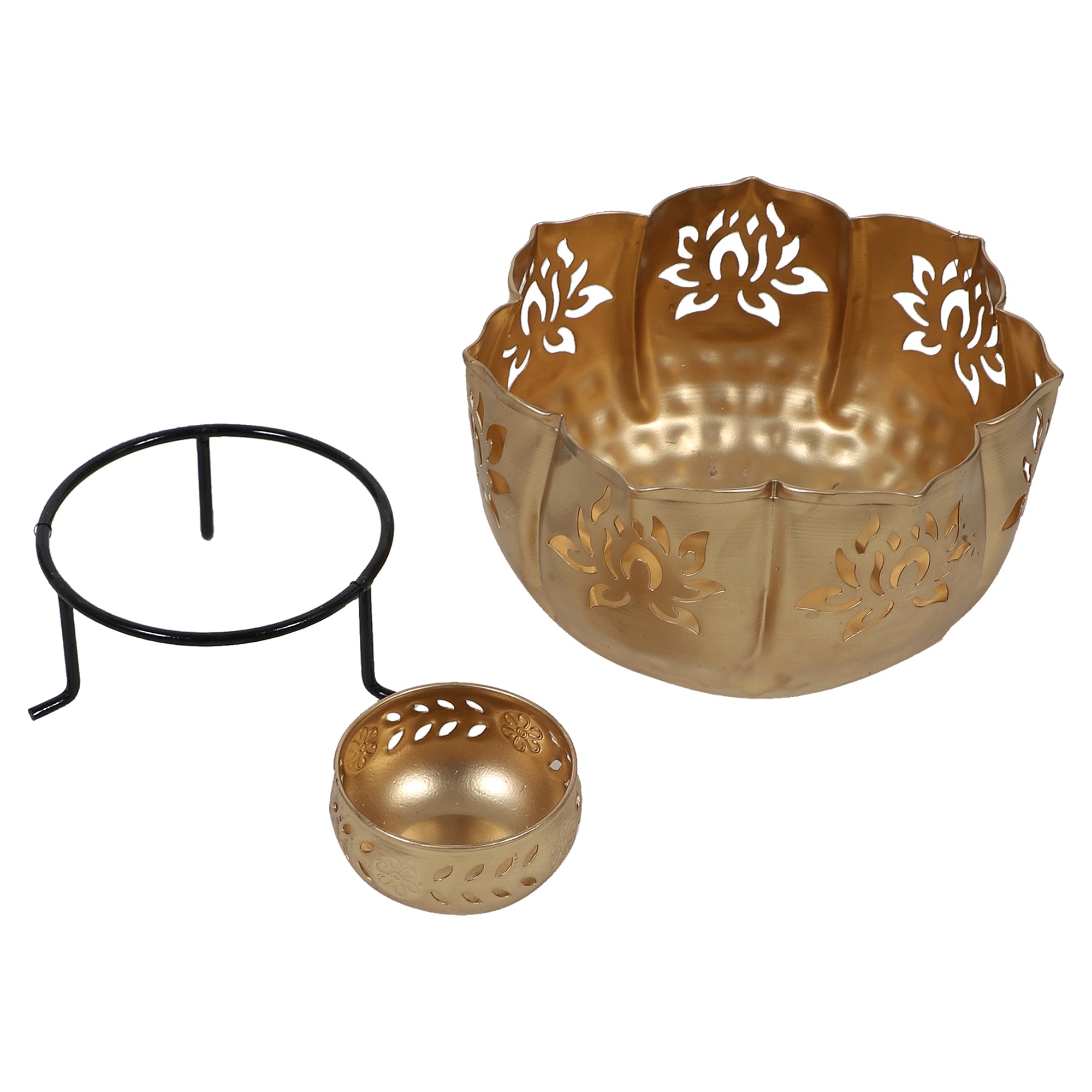 Amaya Decors Big Lotus Urli with Stand & Bowls Set of 10 | Gold | Iron with Powder Coating