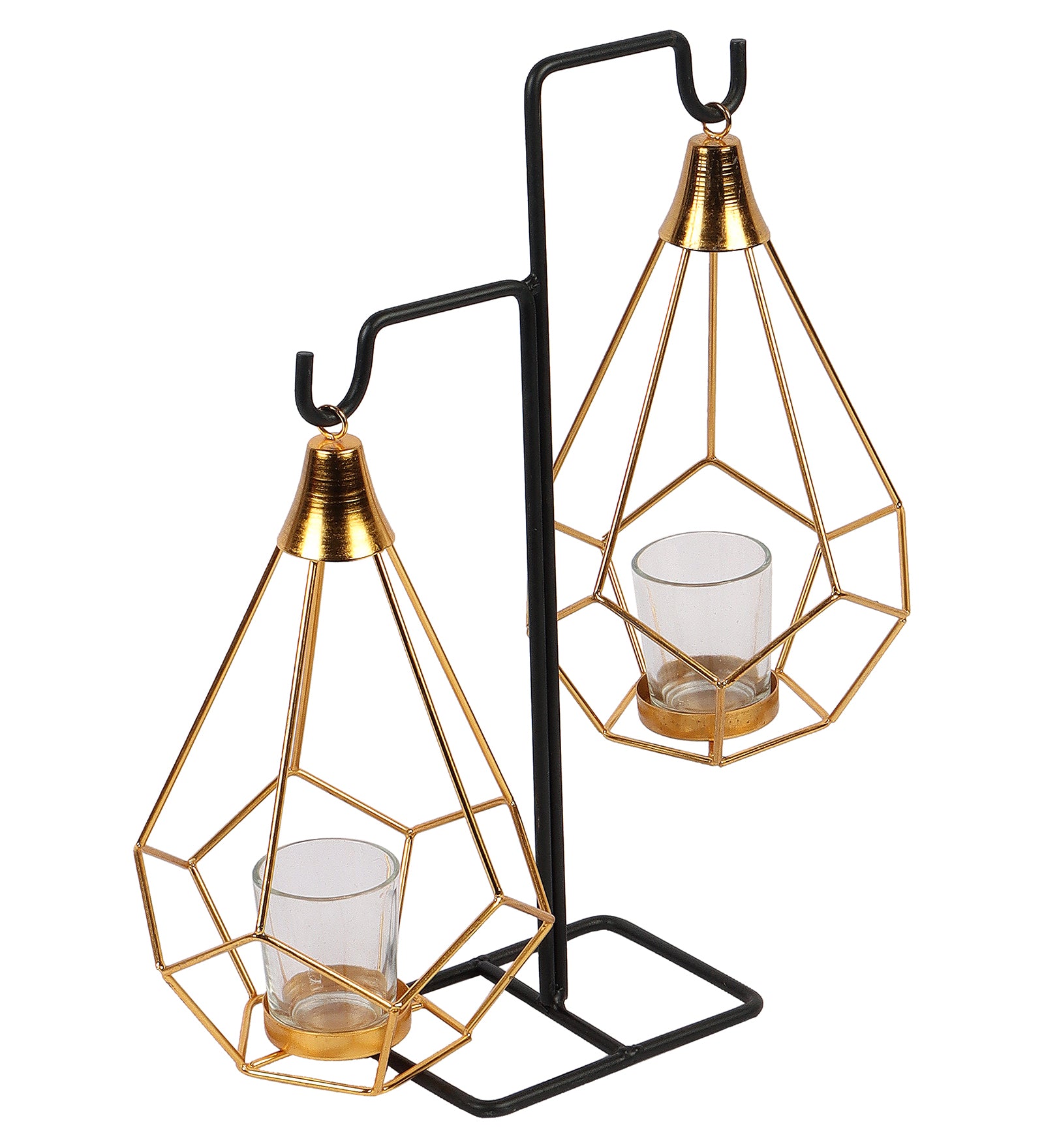 Amaya Decors Gold Double Diamond Pendulam Tealight Holder with Glass | Gold & Black | Iron with Powder Coating