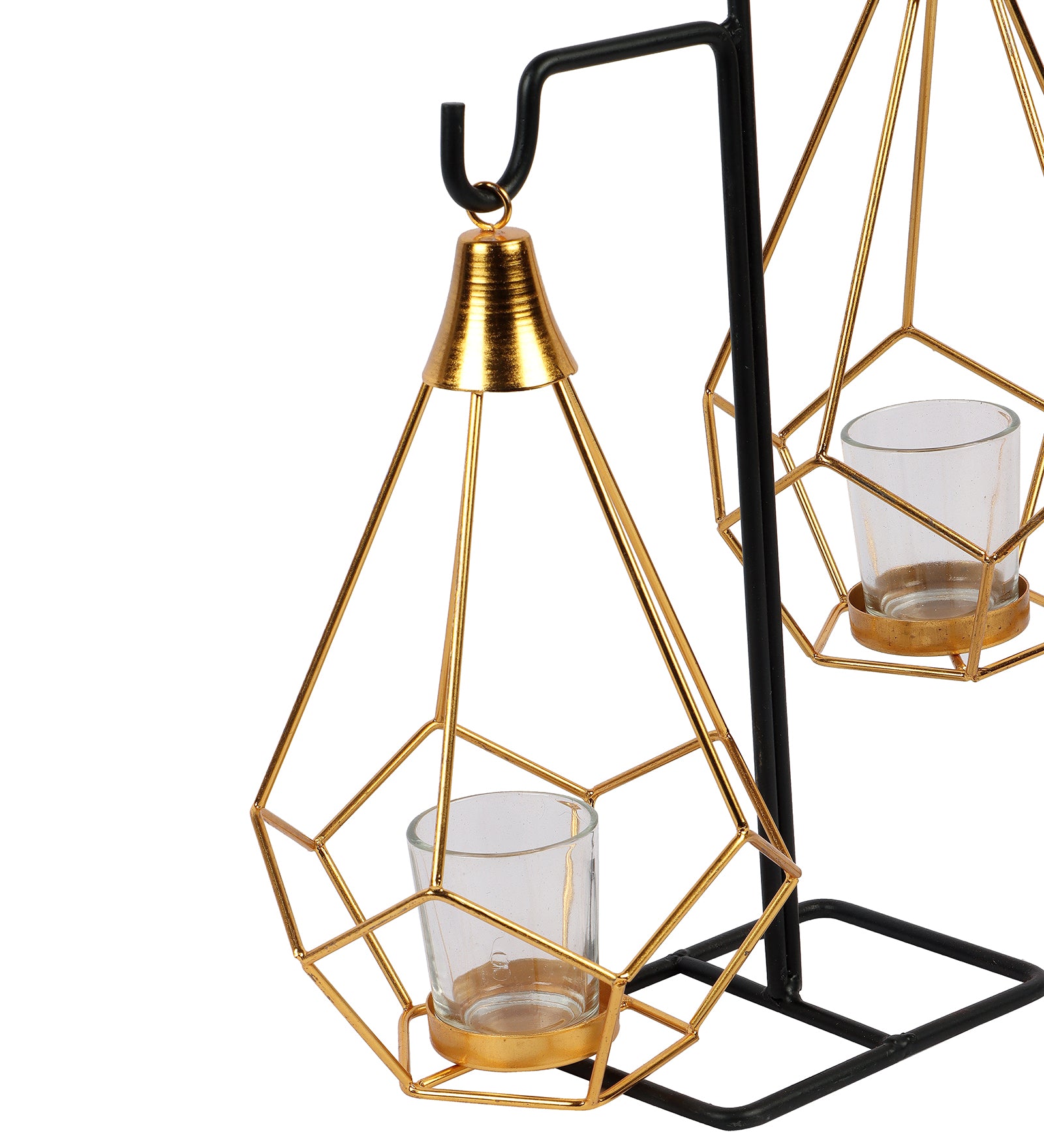 Amaya Decors Gold Double Diamond Pendulam Tealight Holder with Glass | Gold & Black | Iron with Powder Coating