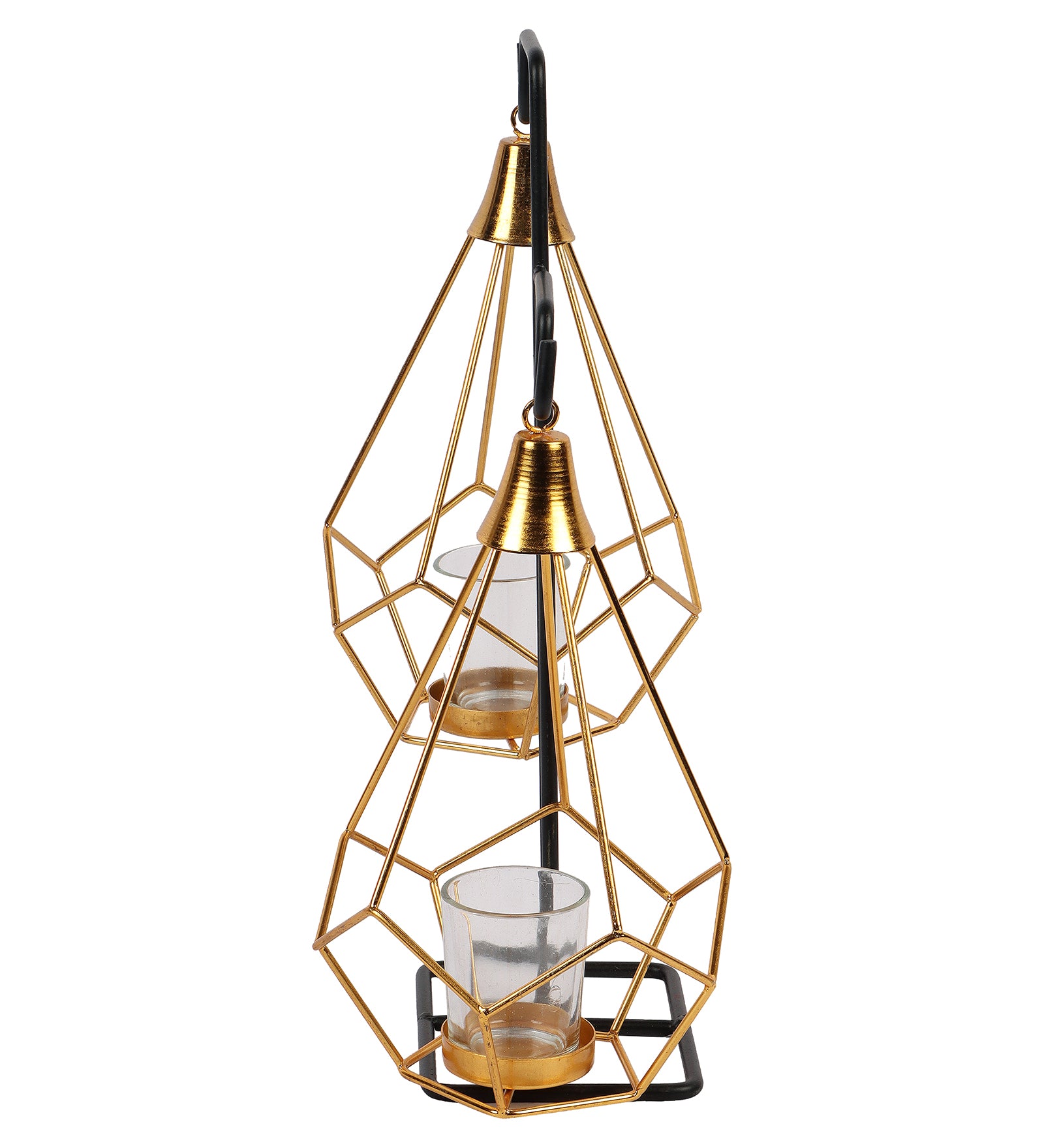 Amaya Decors Gold Double Diamond Pendulam Tealight Holder with Glass | Gold & Black | Iron with Powder Coating