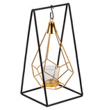 Amaya Decors Gold & Black Triangle Diamond Pendulam Tealight Holder with Glass | Gold & Black | Iron with Powder Coating