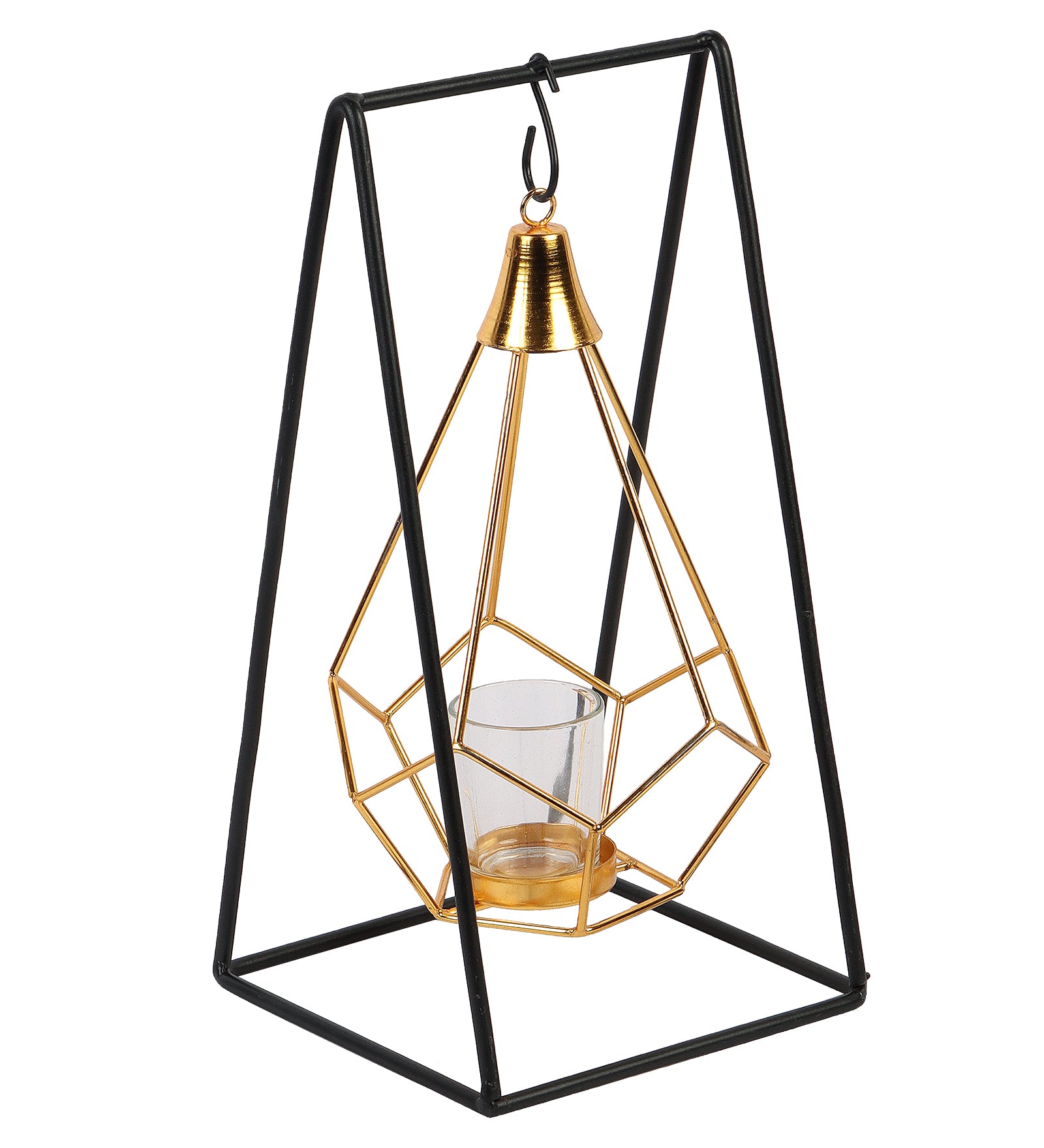 Amaya Decors Gold & Black Triangle Diamond Pendulam Tealight Holder with Glass | Gold & Black | Iron with Powder Coating