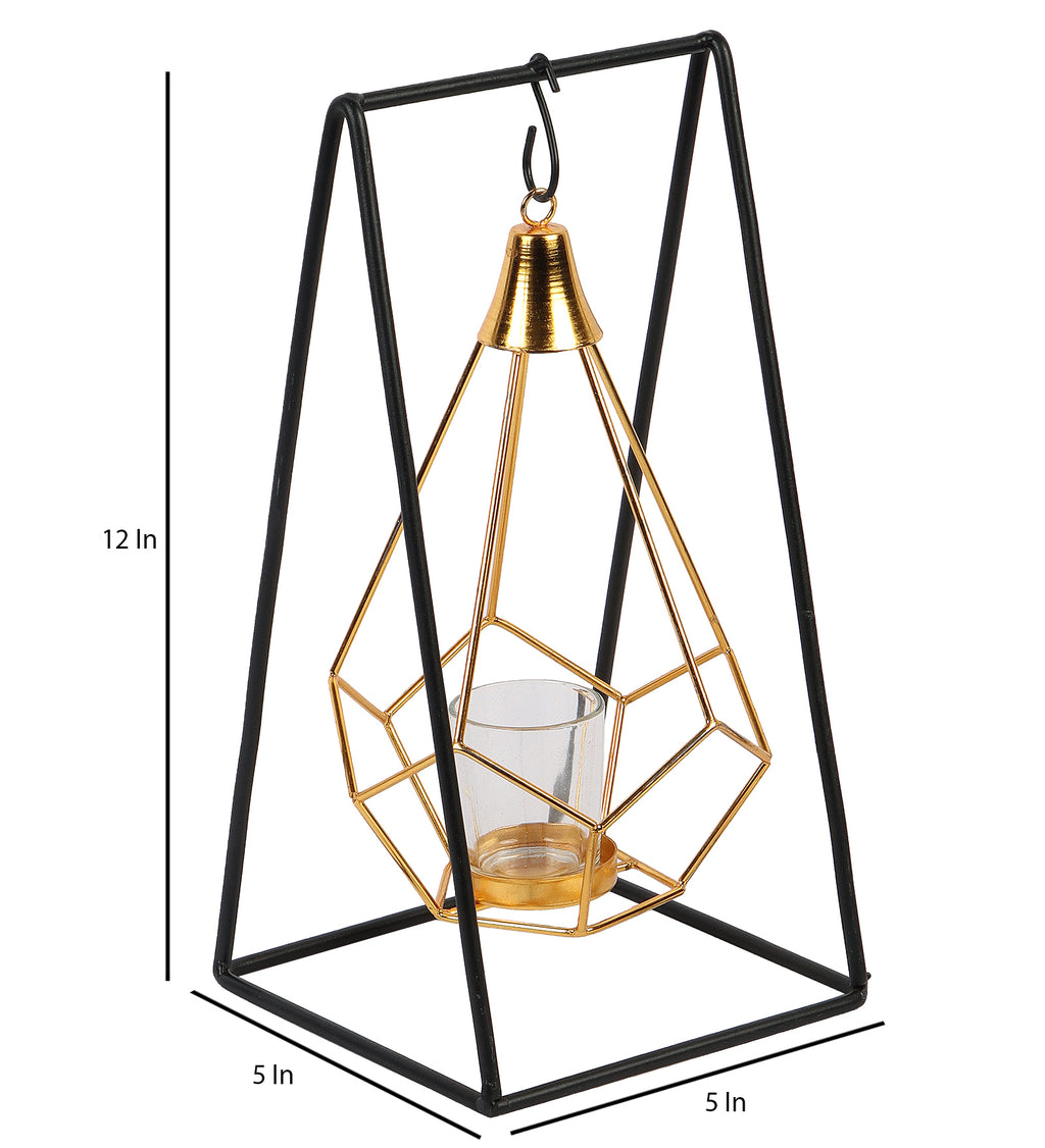 Amaya Decors Gold & Black Triangle Diamond Pendulam Tealight Holder with Glass | Gold & Black | Iron with Powder Coating
