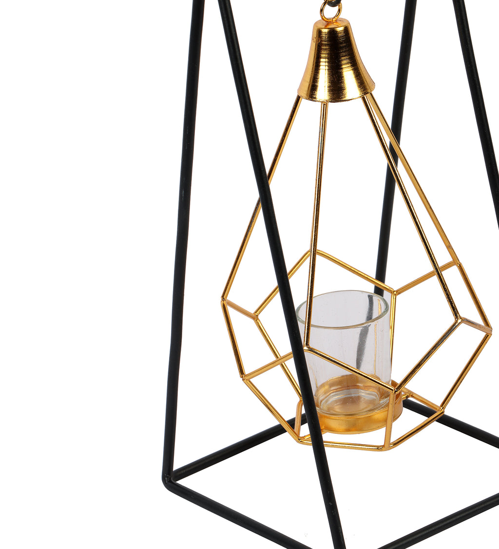 Amaya Decors Gold & Black Triangle Diamond Pendulam Tealight Holder with Glass | Gold & Black | Iron with Powder Coating