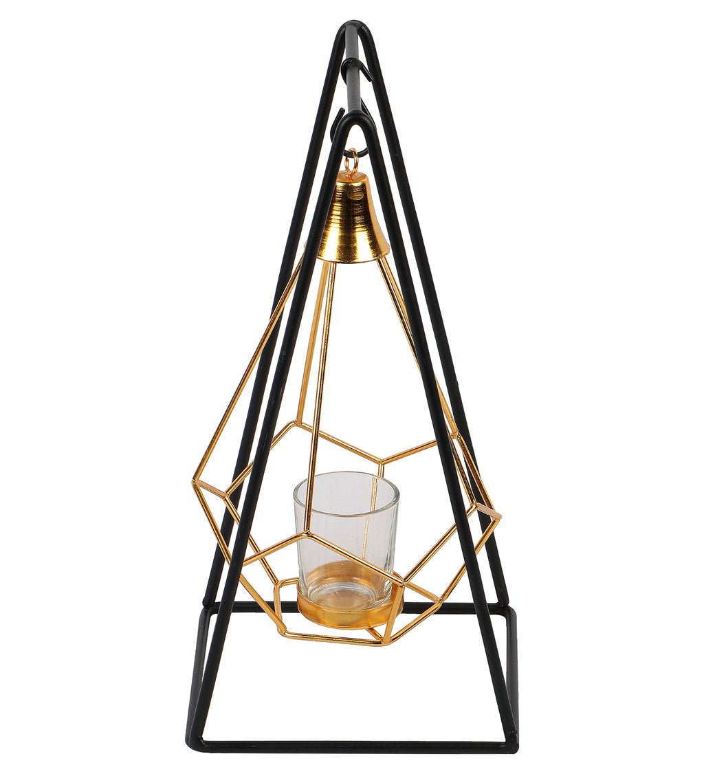 Amaya Decors Gold & Black Triangle Diamond Pendulam Tealight Holder with Glass | Gold & Black | Iron with Powder Coating