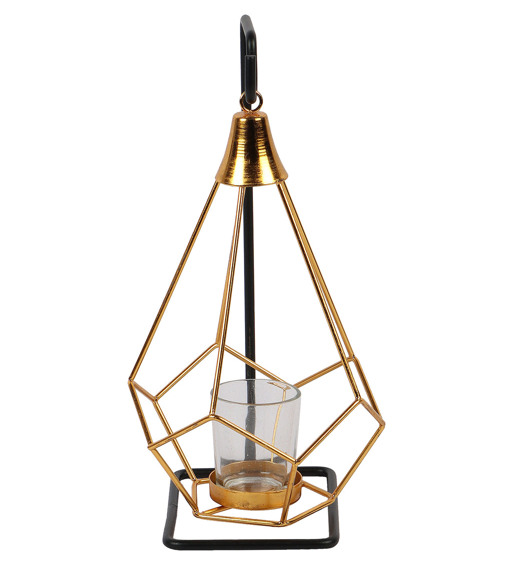 Amaya Decors Gold & Black Triangle Diamond Pendulam Tealight Holder with Glass | Gold & Black | Iron with Powder Coating
